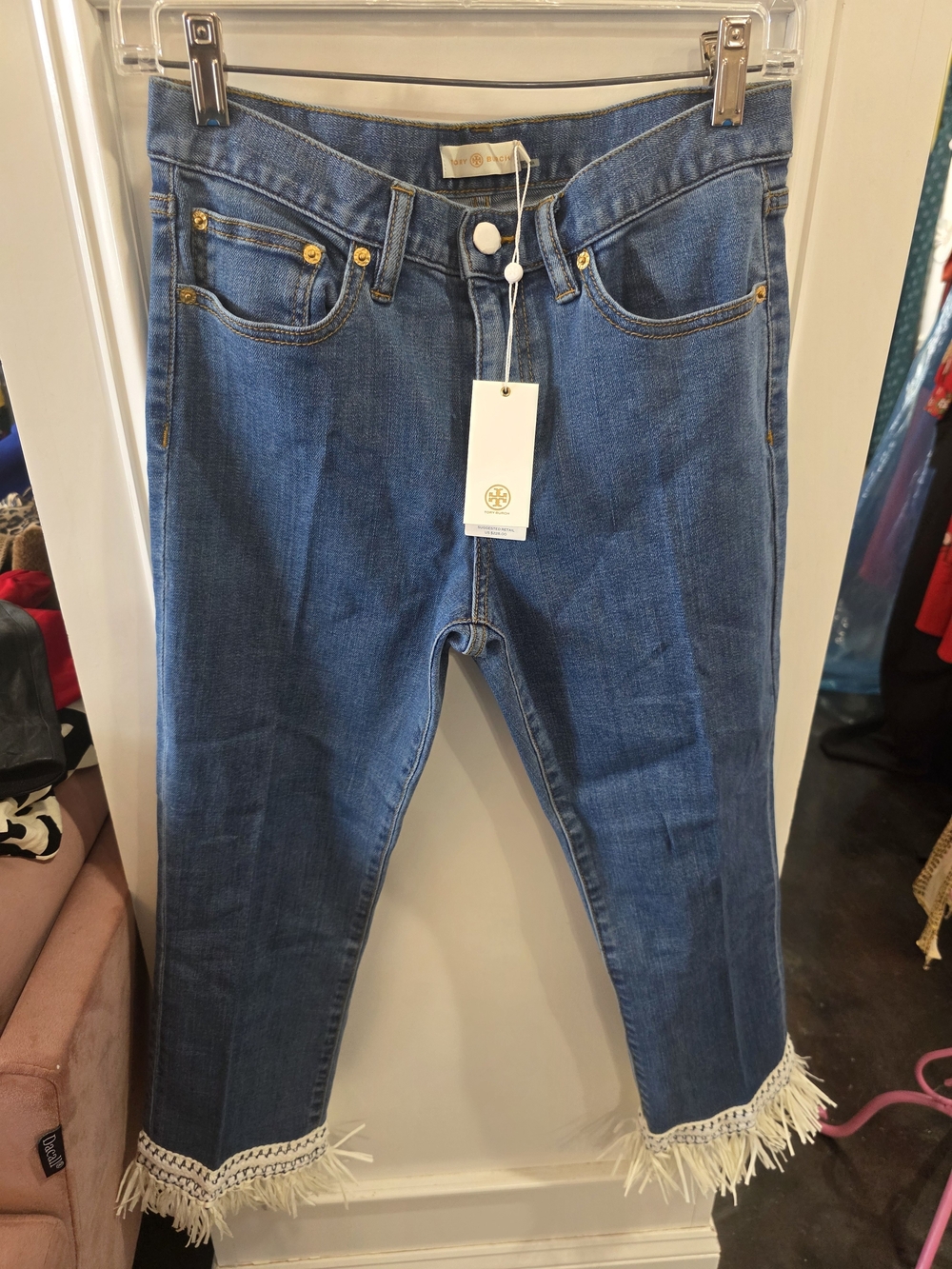 Tory Burch Blue Cropped Fringe-Hem Jeans